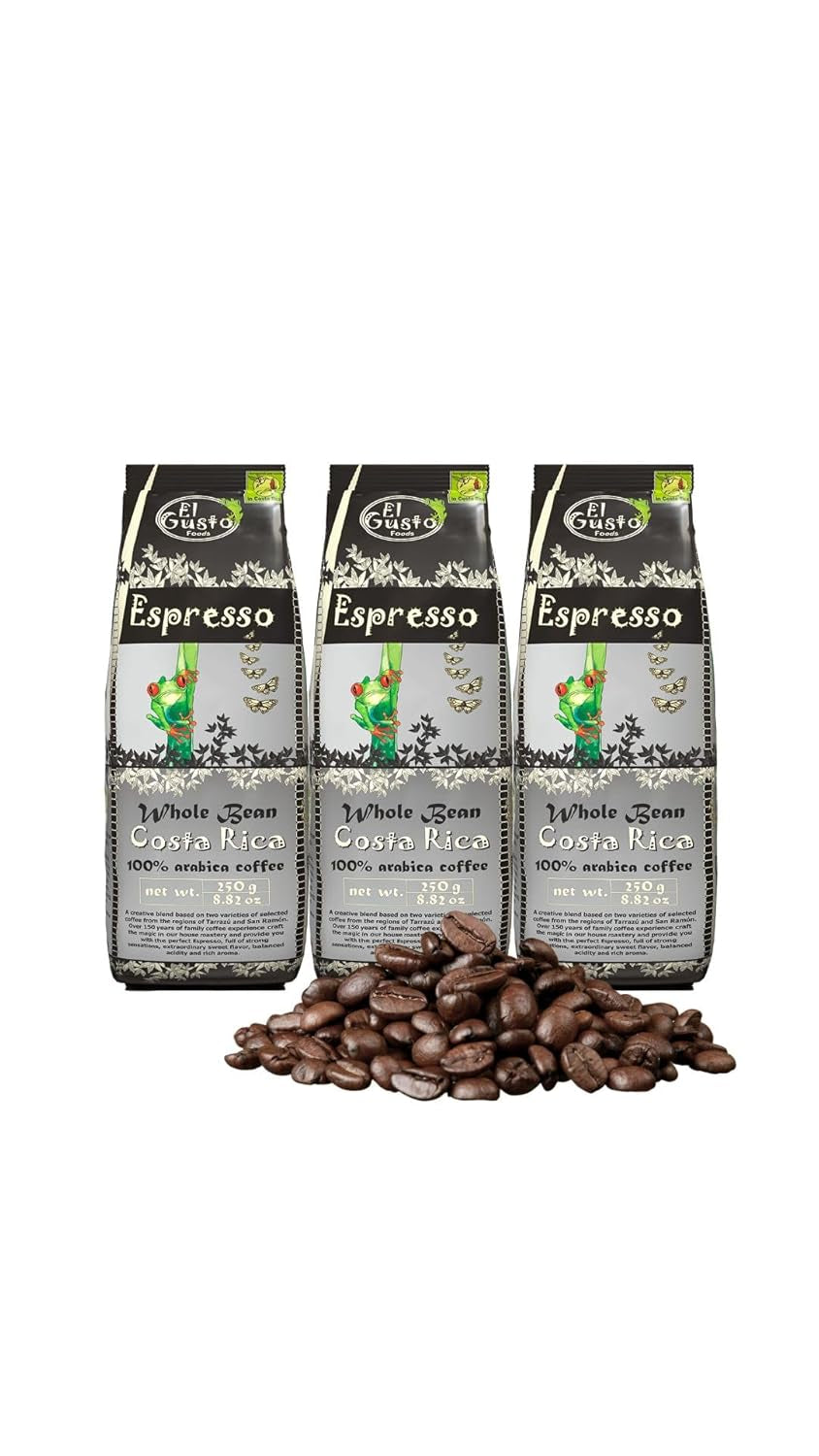 El Gusto Espresso Kaffee aus ganzen Bohnen aus Costa Rica, dunkel geröstet, kreative Mischung, 100% Arabica, frischer Gourmet-Kaffee 3er Pack