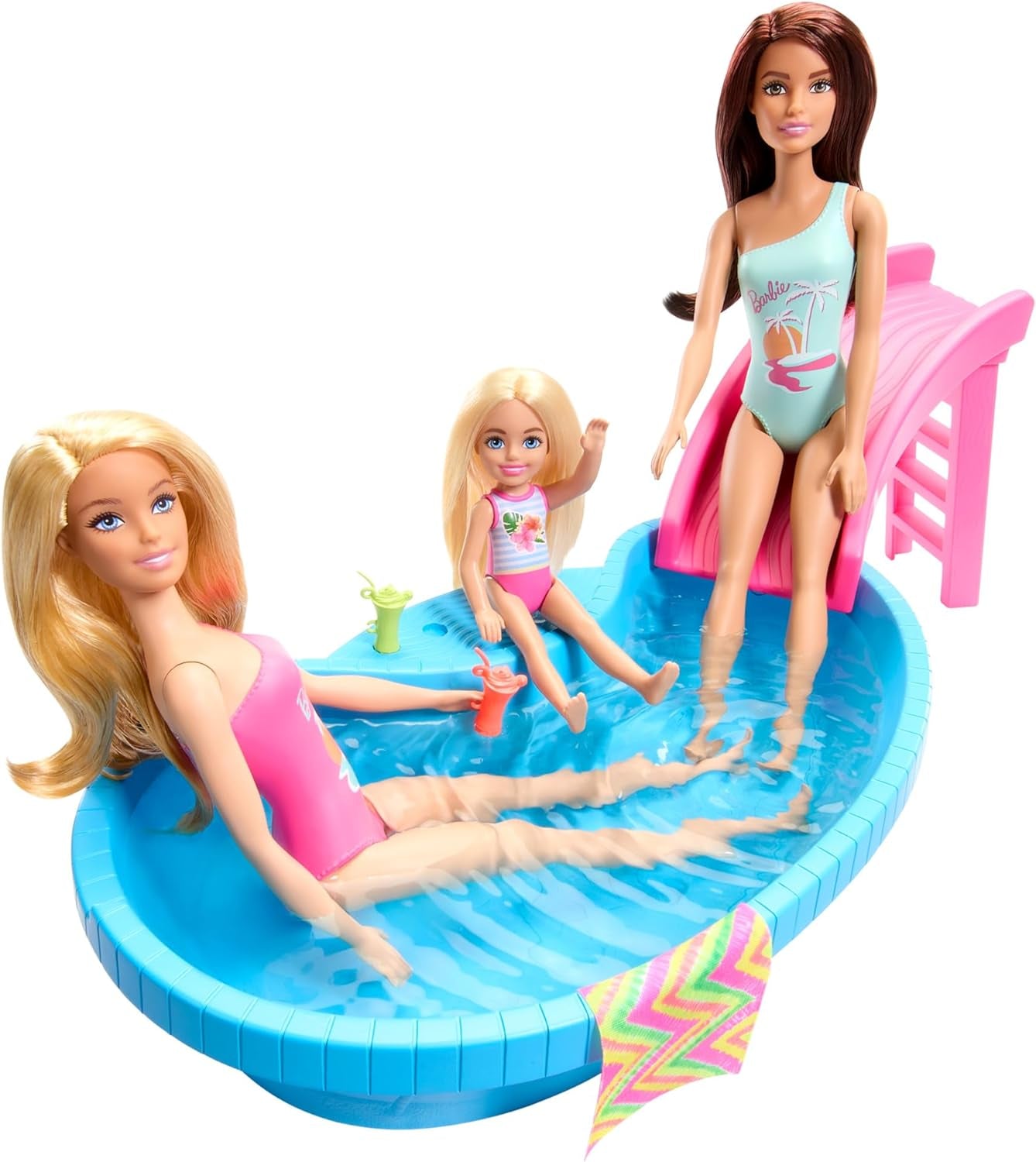Păpușă Barbie și accesorii - piscină cu tobogan și accesorii pentru ore întregi de distracție la soare, costum de baie roz cu design tropical, pentru copii cu vârsta de 3 ani și peste, HRJ74
