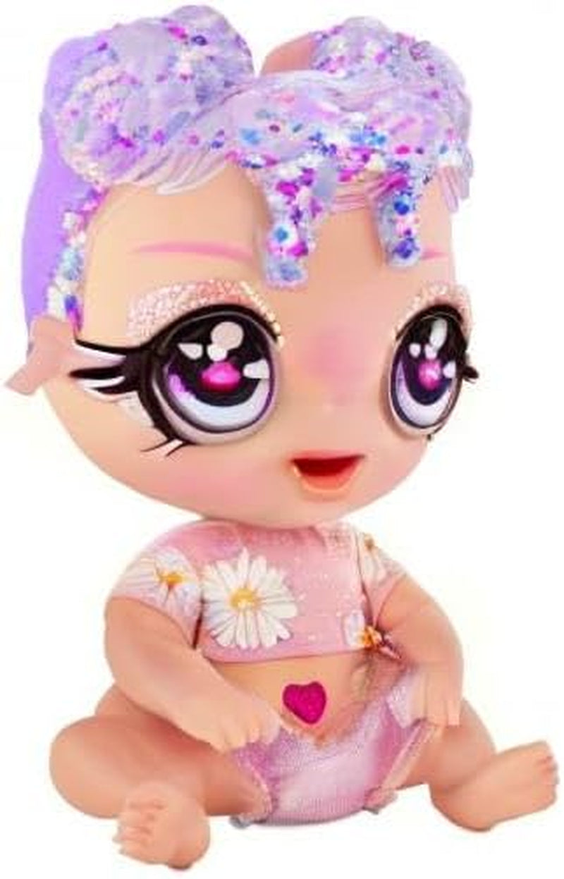 MGA Glitter Babyz - LILA WILDBLOOM - Babypuppe mit 3 magischen Farbwechseln durch eiskaltes Wasser - mit lila Glitzer-Haar, Wildblumen-Outfit, Windel, Flasche und Schnuller - Für Kinder ab 3 Jahren
