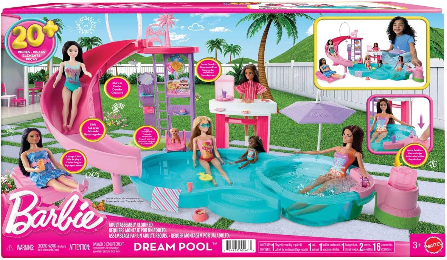 Set de joacă Barbie Dream Pool cu șase zone de joacă, inclusiv un tobogan și un jacuzzi, plus peste 20 de accesorii, cum ar fi un animal de companie, inele de înot și multe altele, JKG83