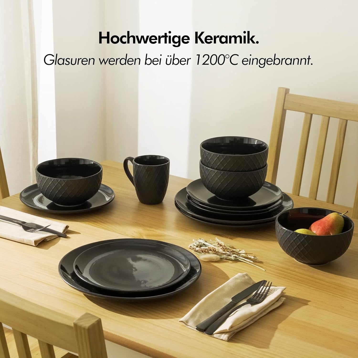 KIVY Geschirrset 6 Personen[Kratz & Spülmaschinenfest] 6x27cm + 6x22cm - Teller Set 12-teilig modern - Geschirr Set - Kombiservice - Geschirrset - Teller Set Schwarz - Teller Schwarz Matt