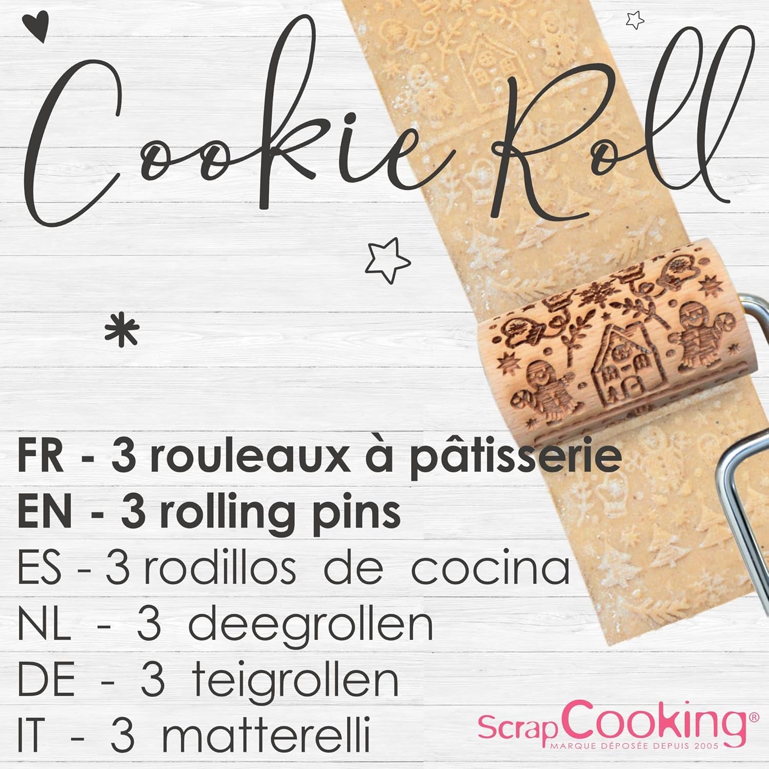 ScrapCooking 3798 Sada vánočního cukroví – 3 Mini-Gebäckrollen aus Holz mit Motiven – Dekos mit Prägung – Form für Kekse, Sandgestrahlt, Kekse