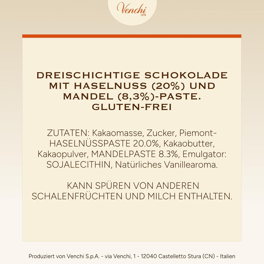 Venchi - Cremino Extra Black Chocolate - Hořká čokoláda s mandlovou pastou a "Piedmontese lesní lískové oříšky CHZO", 1 kg, bez lepku, bez barviv a bez konzervantů