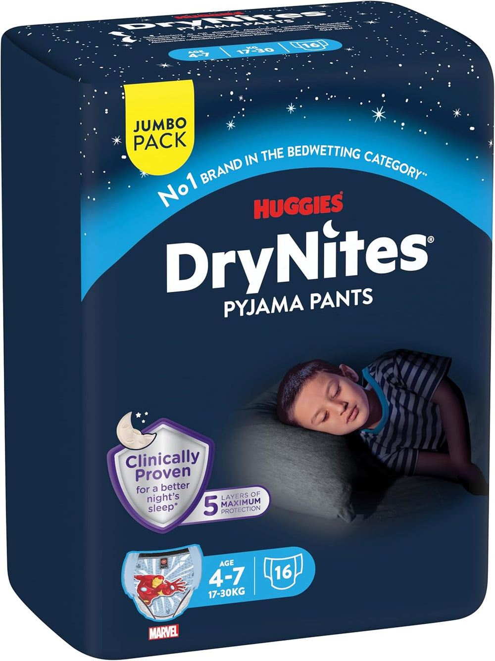 Absorpční pleny na noční pomočování DryNites pro chlapce 4-7 let (17-30 kg), Jumbo měsíční balení, počet 64