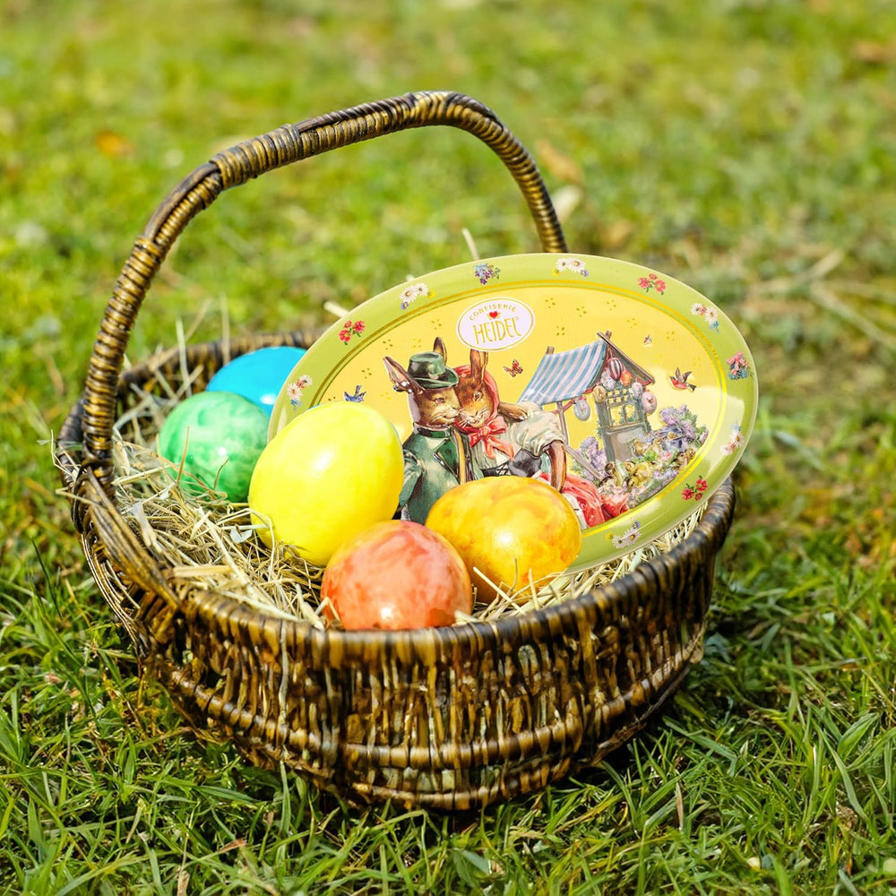 Dárková krabička na velikonoční přání Heidel 183g, prémiová pralinka z mléčné čokolády s ozdobnou kovovou krabičkou, ideální jako velikonoční dárek