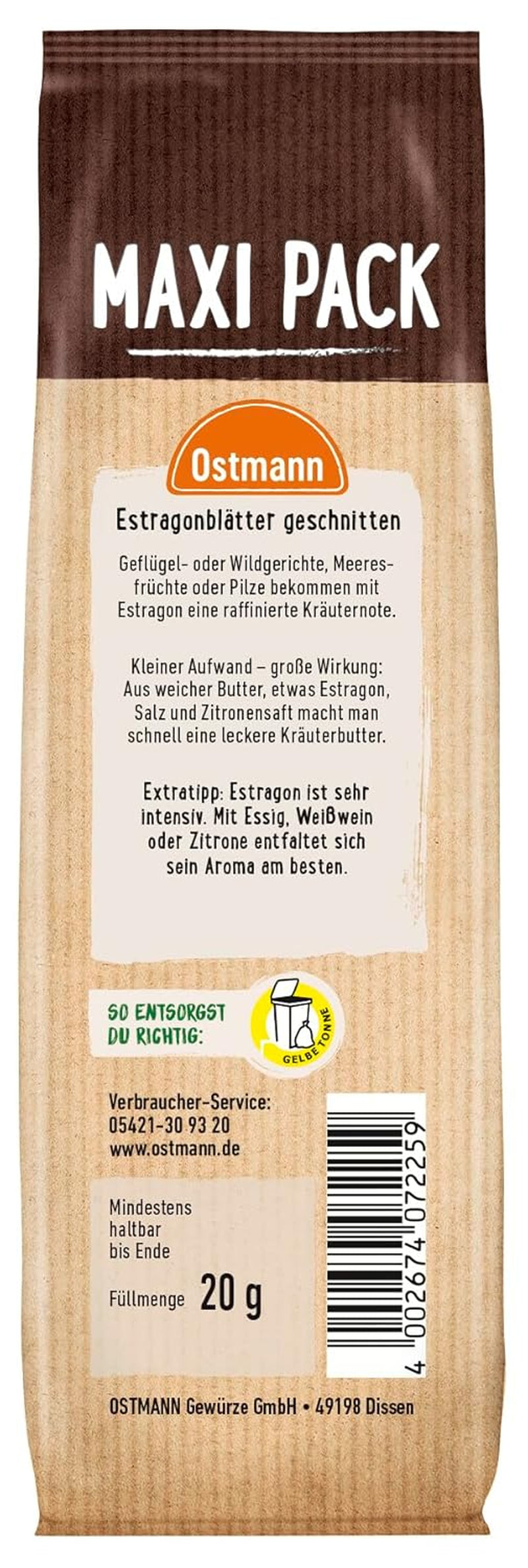 Ostmann Gewürze - Estragonblätter geschnitten | Zum Verfeinern von Salatsaucen, Gemüsegerichten und Remouladen | 20 g v sáčku