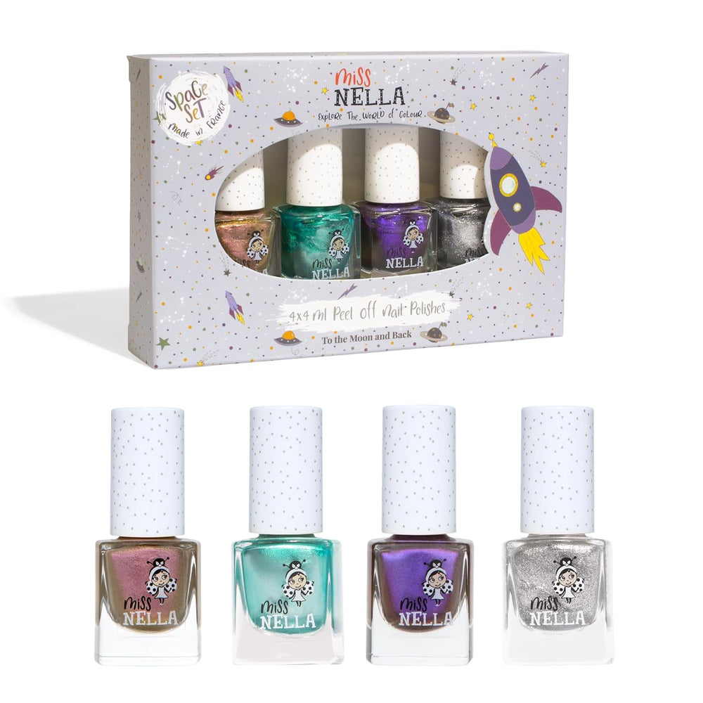 Sada 4dílných třpytivých laků na nehty Miss Nella Magic Collection: růžový, červený, zlatý a modrý, dětský speciální snímatelný lak na nehty, netoxický, na vodní bázi, bez zápachu