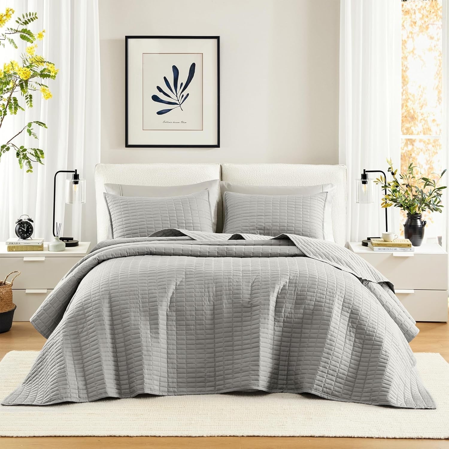 Comfort Spaces Kienna Quilt Set, cusături duble de lux, pătură de vară, ușoară, moale, lenjerie de pat pe tot parcursul anului, față de pernă asortată, albă, pătură pentru paturi King Size (264.2 X 228.6 Cm), Plapumi si pilote Naty Shop Gri Cuvertură de pat supradimensionată King(120"X118")