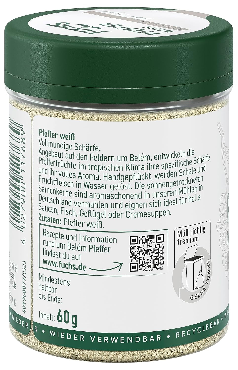 Fuchs Gewürze - Pfeffer weiß gemahlen - Pfeffer aus dem Amazonasgebiet, für helle Saucen, Fisch oder Suppen - přírodní ingredience - 60 g v wiederverwendbarer, recyclebarer Dávka