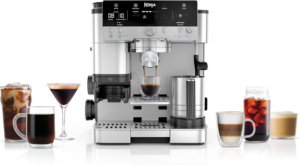 Aparat de cafea Ninja Luxe Pro 3 în 1 cu râșniță și spumator pentru latte, cappuccino, Cold Brew și espresso, ușor de utilizat, 5 presetări pentru spumator, argintiu, ES701EU