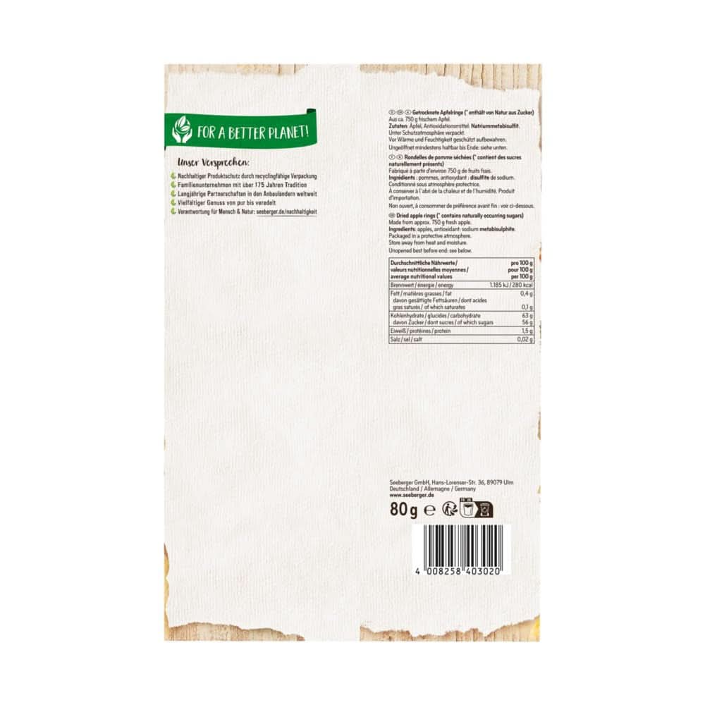 Seeberger, nejkvalitnější sušené plátky jablek, bez přidaného cukru, 10 x 80 gramů Dehydrované produkty Naty Shop