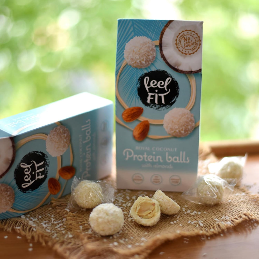 Kokosové pralinky bez cukru s mandlemi, feel FIT, bez přidaného cukru, 17 % bílkovin, 63 g