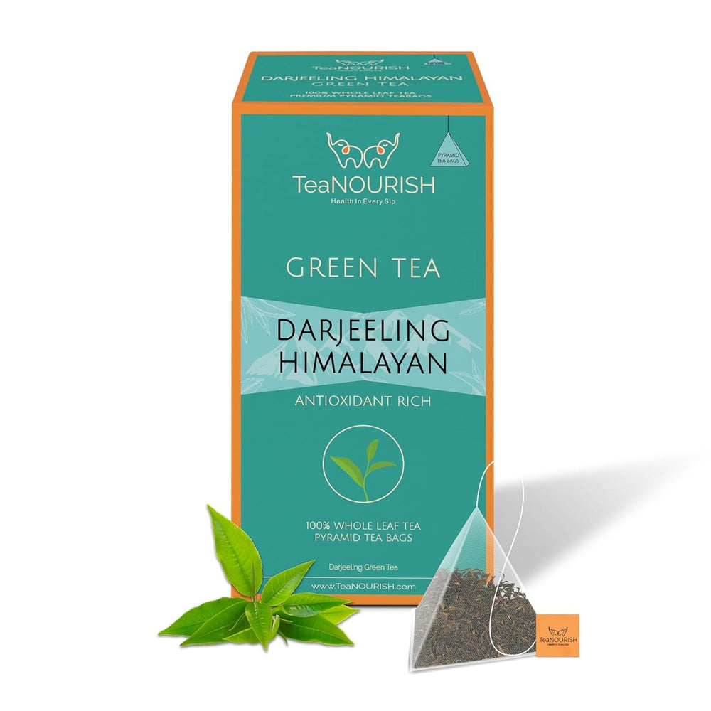 Teanourish Ghimbir Tulsi Ceai verde | 20 pliculețe de ceai piramidale | Darjeeling frunze întregi | Superalimente indiene Ghimbir, Tulsi &amp; Lemn dulce | Ameliorează stresul și favorizează digestia