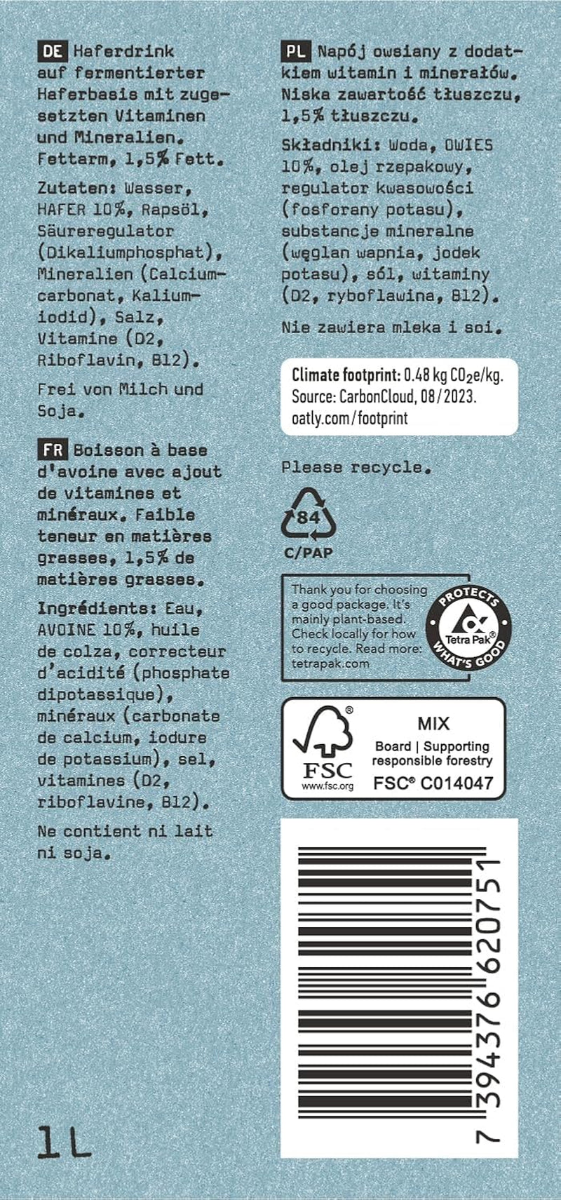 Oatly Haferdrink 1,5% Fett - Packung mit 6 (6 x 1 litr)