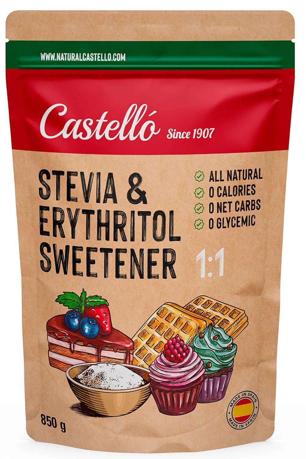 Stévie + Erythritol 1:1 Süßstoff | 1G = 1G Zucker | 100% Natürlicher Zuckerersatz - 0 Kalorie - 0 Glykämischer Index - Keto Und Paleo - 0 Netto-Kohlenhydrate - Kein GVO - Castello od roku 1907-850 G Sladidla Naty Shop Výchozí název