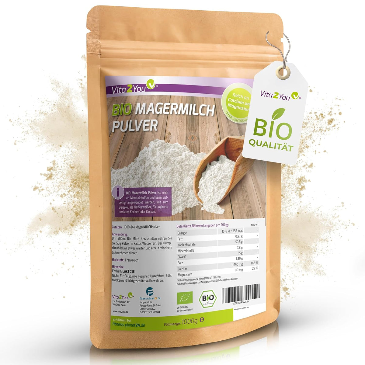Vita2You Bio sušené odstředěné mléko 1000 g - 100% Bio Qualität - na pečení - Kaffeeweißer - Mléčný prášek pro jogurty - 1 kg - Premium Qualität
