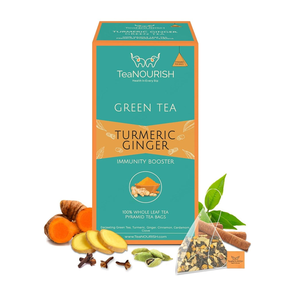 Teanourish Ghimbir Tulsi Ceai verde | 20 pliculețe de ceai piramidale | Darjeeling frunze întregi | Superalimente indiene Ghimbir, Tulsi &amp; Lemn dulce | Ameliorează stresul și favorizează digestia