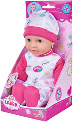 Simba 105140004 - Laura Cutie, păpușă cu corp moale și ochi adormiți într-o salopă drăguță în formă de pisicuță, 5 sunete, 30 cm, de la 12 luni