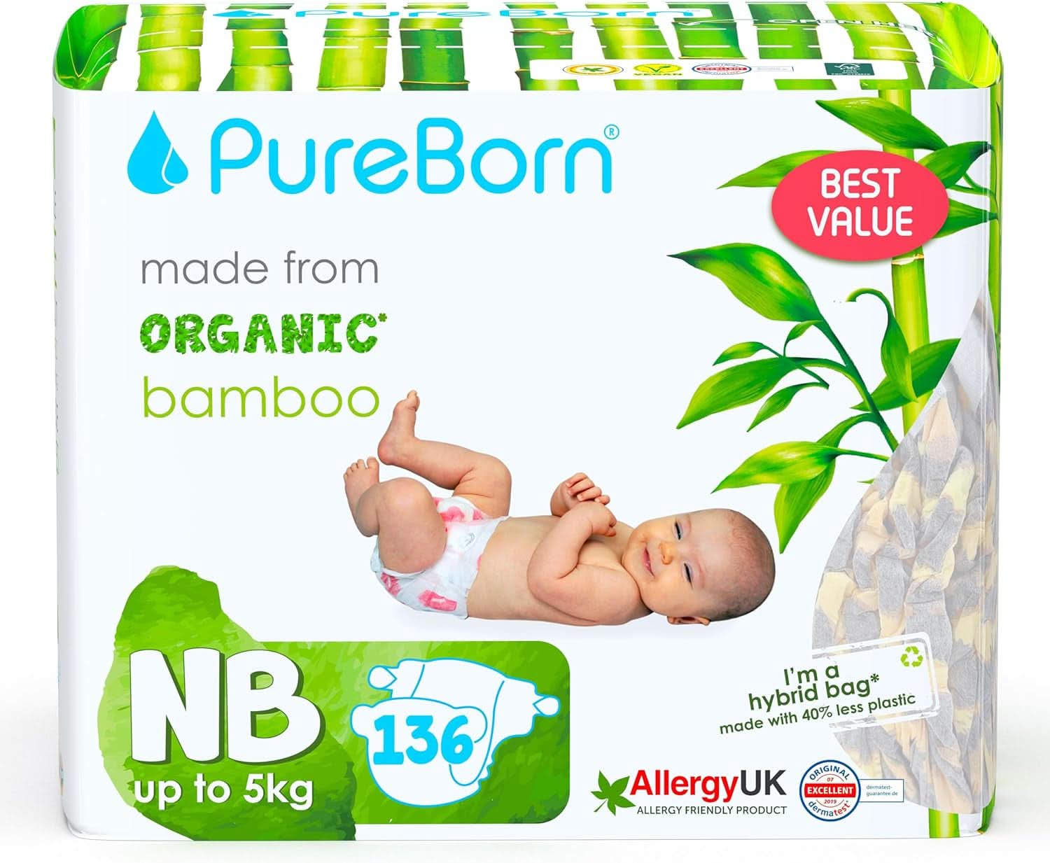 Bio bambusové plenky Pureborn Eco, novorozenecká velikost (do 5 kg), ekologické, hypoalergenní, ultra měkké, s indikátorem vlhkosti, různé potisky Mother and Baby Naty Shop Newborn (136 ks)