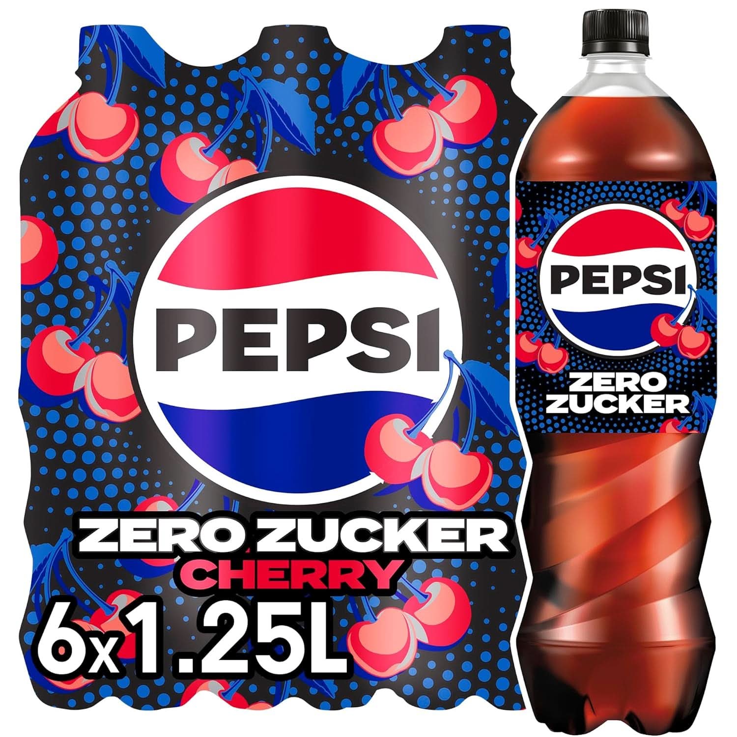 Pepsi Zero Cukr Třešeň Bez cukru Nealkoholický nápoj Třešňová příchuť Kofeinová cola v láhvi Sada 6 x 1,25 litru Naty Shop Nová verze