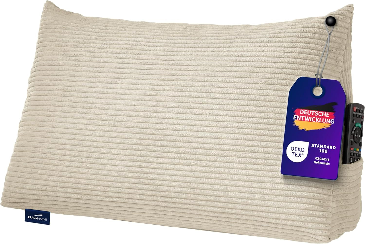 Pernă confortabilă Traumnacht Cozy Back, pernă de citit, 70 x 40 cm bej, husă detașabilă și lavabilă din 100% poliester, buzunar lateral practic, certificată Oeko-Tex, produsă conform standardelor germane de calitate