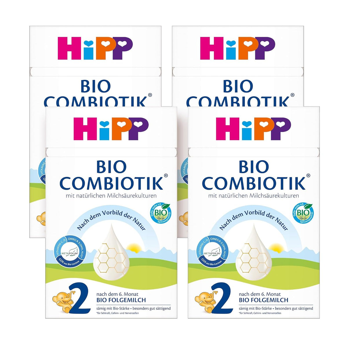 HiPP 2 Bio Combiotik (4 x 600g), pokračovací mléko po 6 měsících, se škrobem, přírodními kulturami kyseliny mléčné, GOS, Omega-3 (DHA, ALA), nejlepší bio kvality