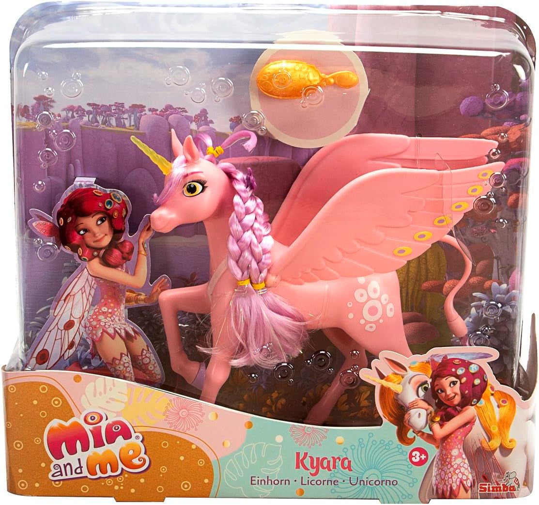 Simba 109480092 - Mia and Me Unicorn Kyara s pohyblivými křídly, sponkami do vlasů a stylingovým kartáčem, 20 cm, 3 roky a více, růžová Naty Shop Single Dolls