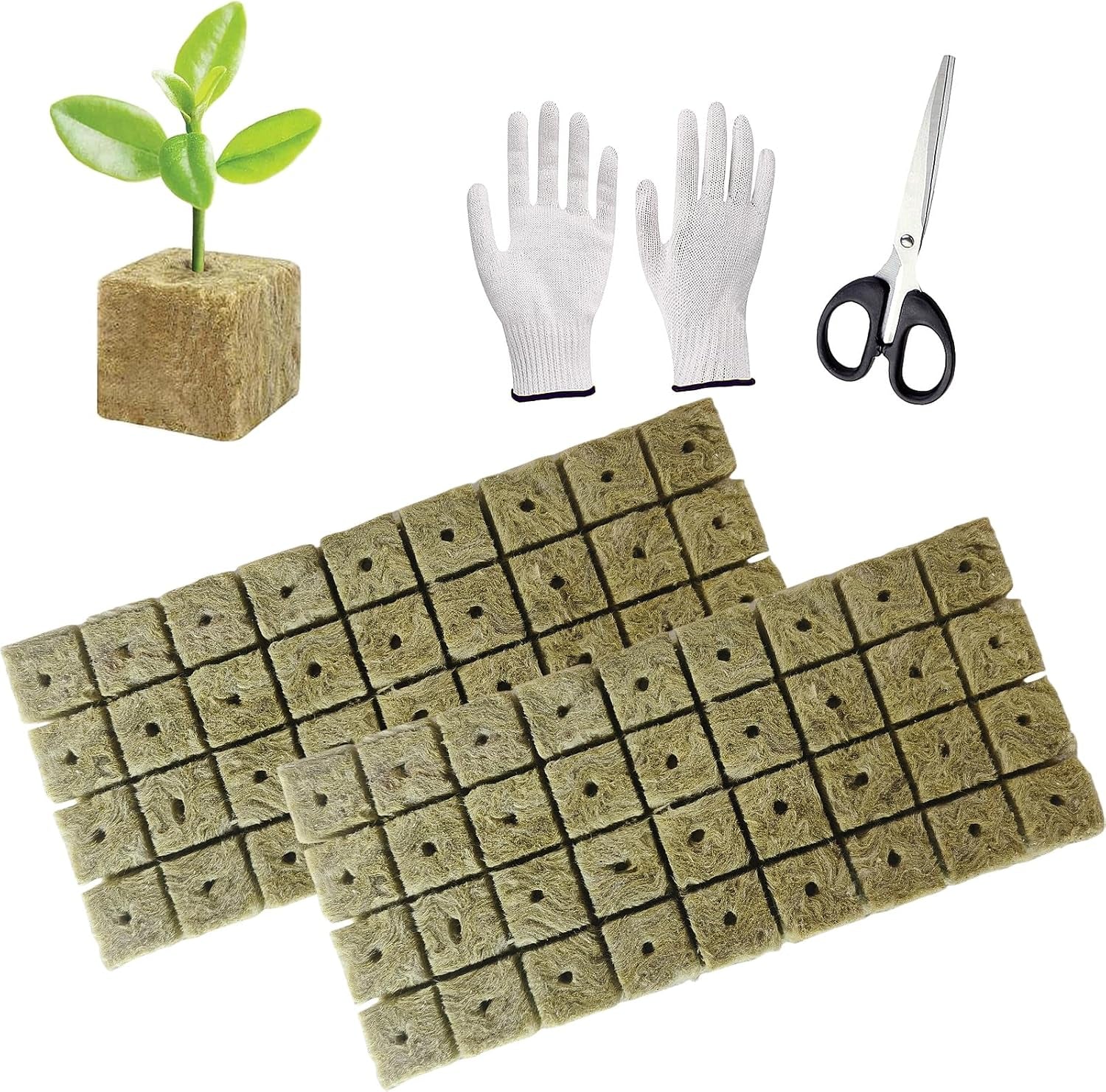 50 ks podložka na pěstování z minerální vlny, kostka z minerální vlny, izolace z minerální vlny, podložka na pěstování z minerální vlny s nůžkami a rukavicemi pro pěstování bez půdy, hydroponii a přesazování