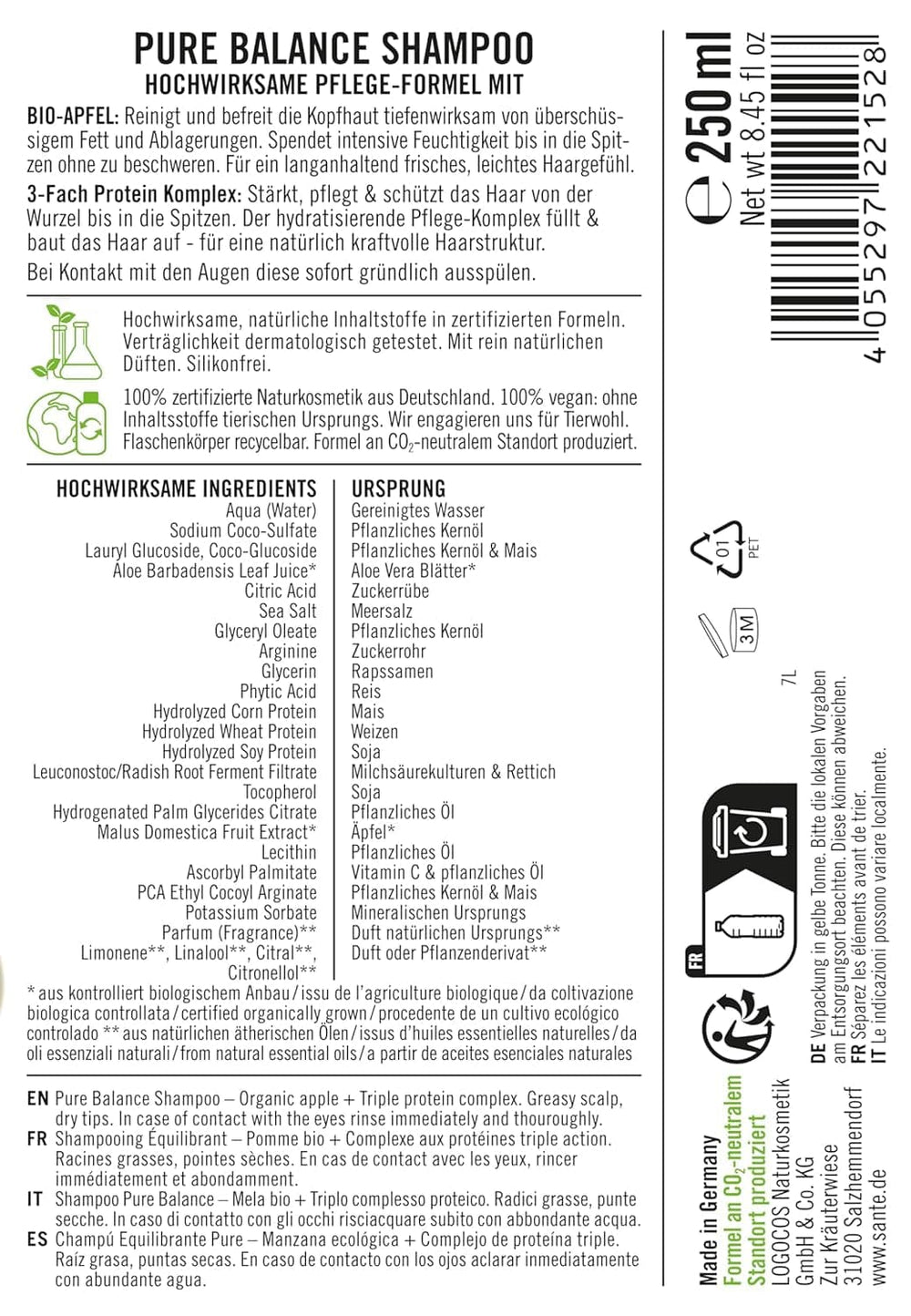 SANTE Naturkosmetik Pure Balance, šampon, intenzivně hydratuje suché vlasy, 250 ml Sprcha a vana Naty Shop