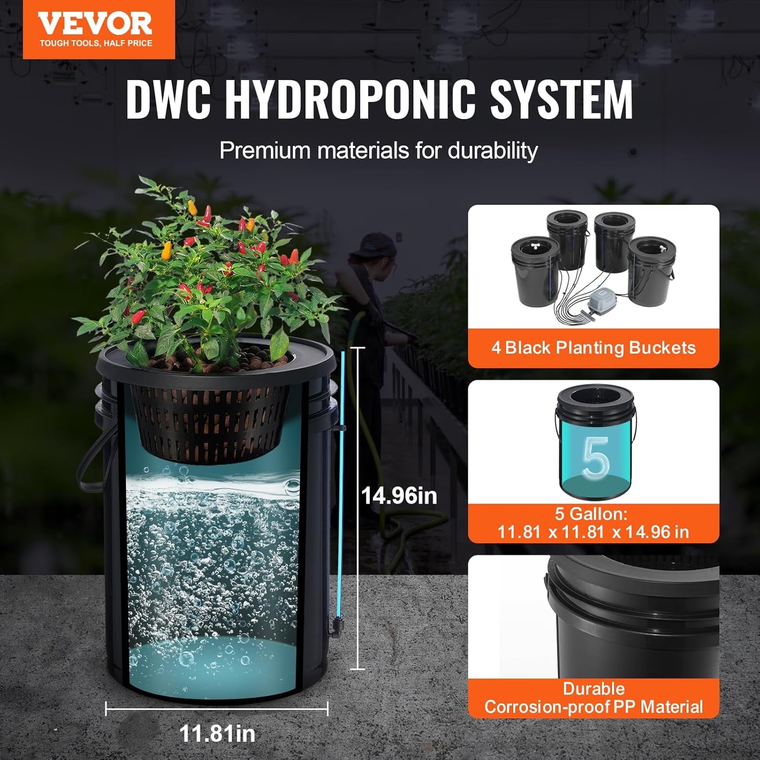 VEVOR DWC Hydroponický pěstební systém Sada odkapávacích nádob Systémy pro hydroponické pěstování Hluboká kultivace 4 kbelíky o objemu 20 l se vzduchovým čerpadlem Vzduchové kameny a indikátor hladiny vody pro zelenou listovou zeleninu