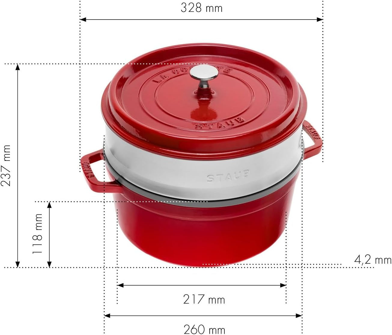 STAUB Gusseisen Bräter/Cocotte, Mit Dämpfeinsatz Aus Edelstahl, Rund 26 Cm, 5,2 L, Aromaregen Funktion Für Optimale Befeuchtung, Für Alle Herdarten Inkl. Induktion & Backofen, Kirschrot, Rot Formy a plechy na pečení Naty Shop