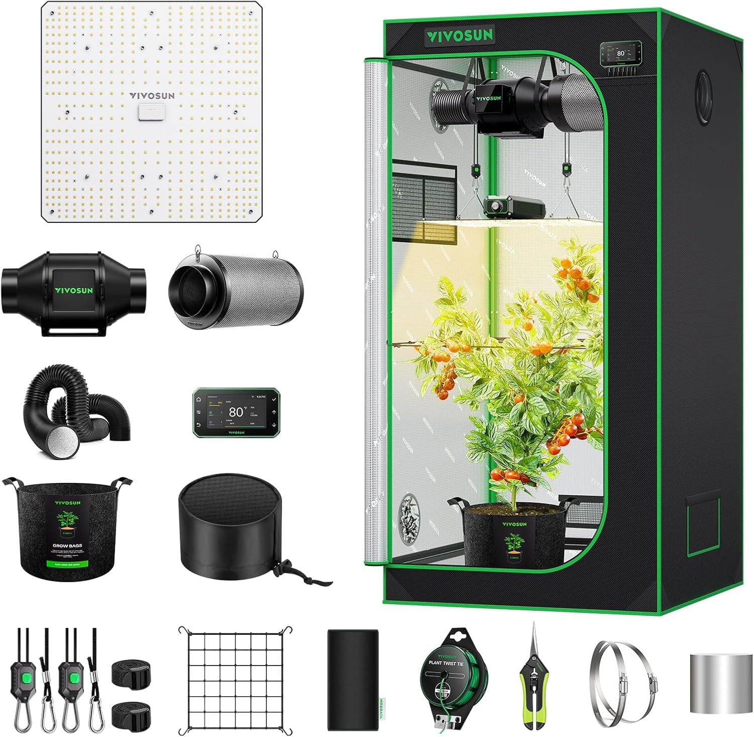 VIVOSUN GIY 80x80x160cm Smart Grow Tent System, Vestavěná sada WiFi Grow Tent Kit s automatickou ventilací a cirkulací, 150W Full Spectrum LED Grow Light a GrowHub E42A Controller