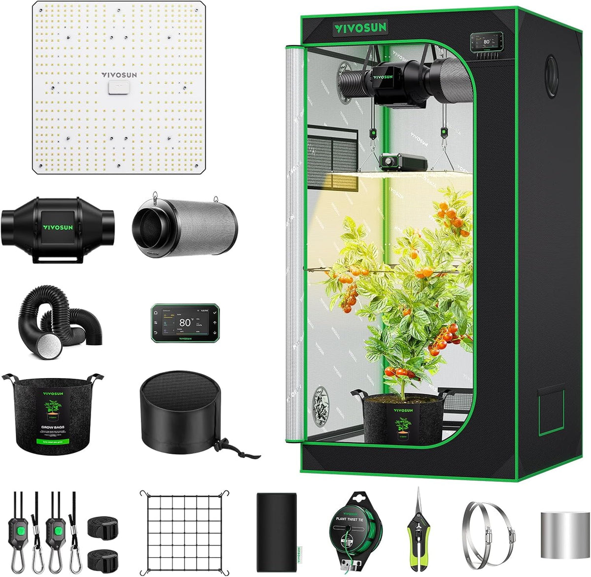 VIVOSUN GIY 80x80x160cm Smart Grow Tent System, Vestavěná sada WiFi Grow Tent Kit s automatickou ventilací a cirkulací, 150W Full Spectrum LED Grow Light a GrowHub E42A Controller