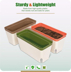 Samozavlažovací květináče, sada 3 obdélníkových květináčů 27 cm, květináče na bylinky, parapetní truhlíky s nádrží na vodu, moderní plastové květináče pro vnitřní venkovní zahradní kancelář