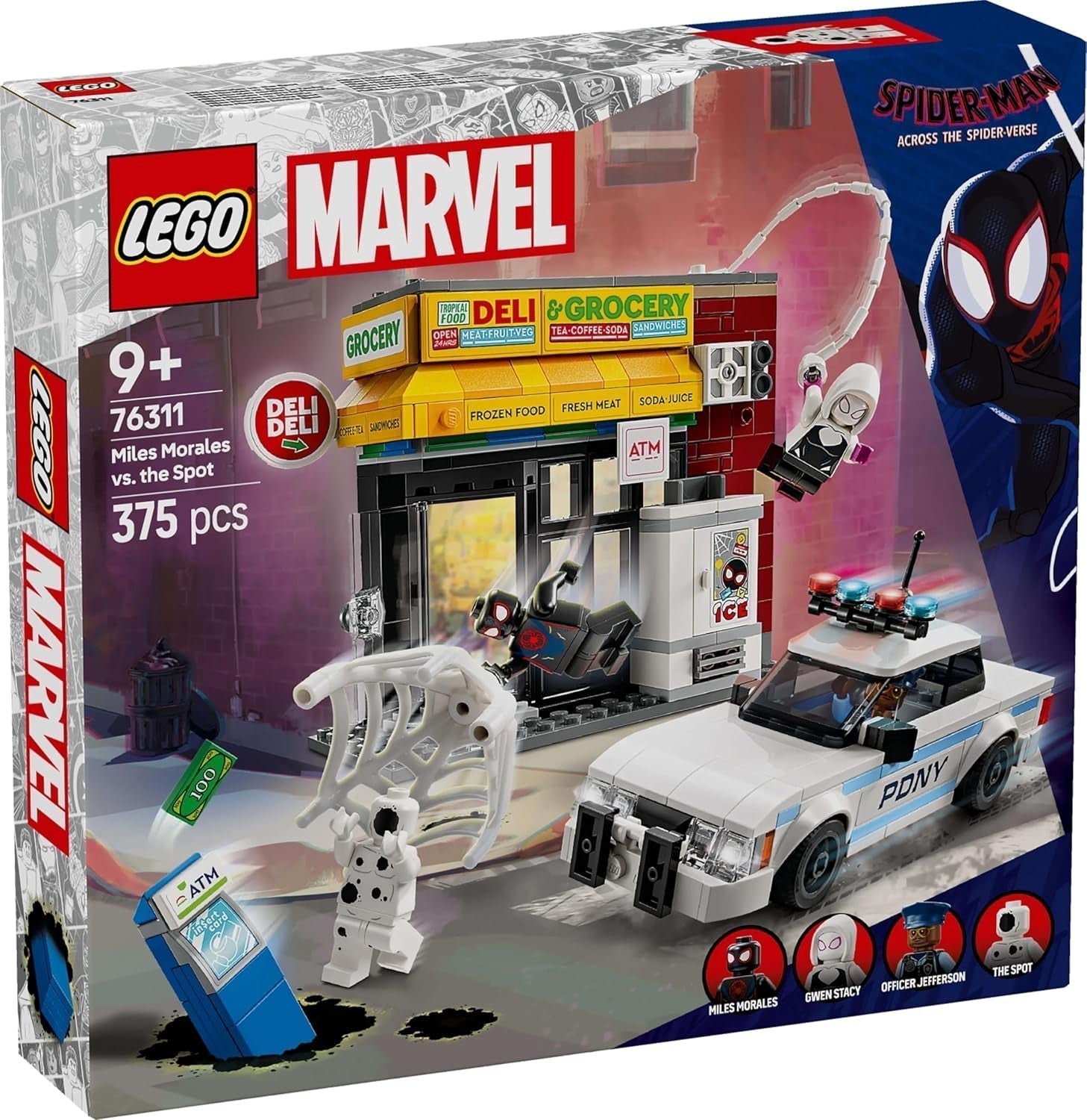LEGO Marvel Spider-Verse: Miles Morales vs. Spot – Superhrdinská herní sada s autíčkem – 4 minifigurky a minimarket – Dárek pro chlapce a dívky od 9 let 76311 Stavebnice Besuche den LEGO-Store