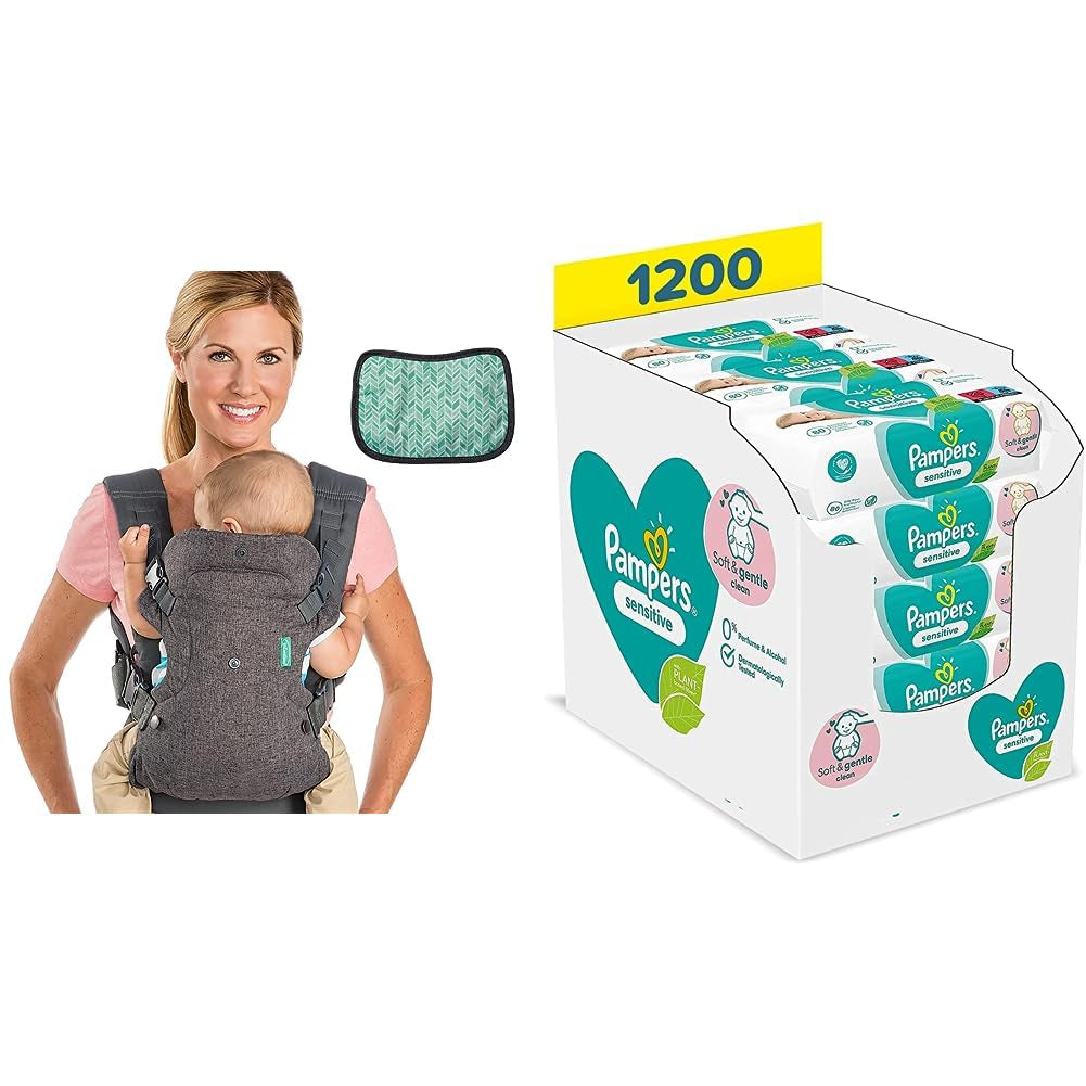 Nosítko Pampers Sensitive Flip Advanced 4 v 1 s bryndákem a ubrousky, 1200 ubrousků (15 x 80) pro citlivou dětskou pokožku, dermatologicky testováno, Essentials pro novorozence