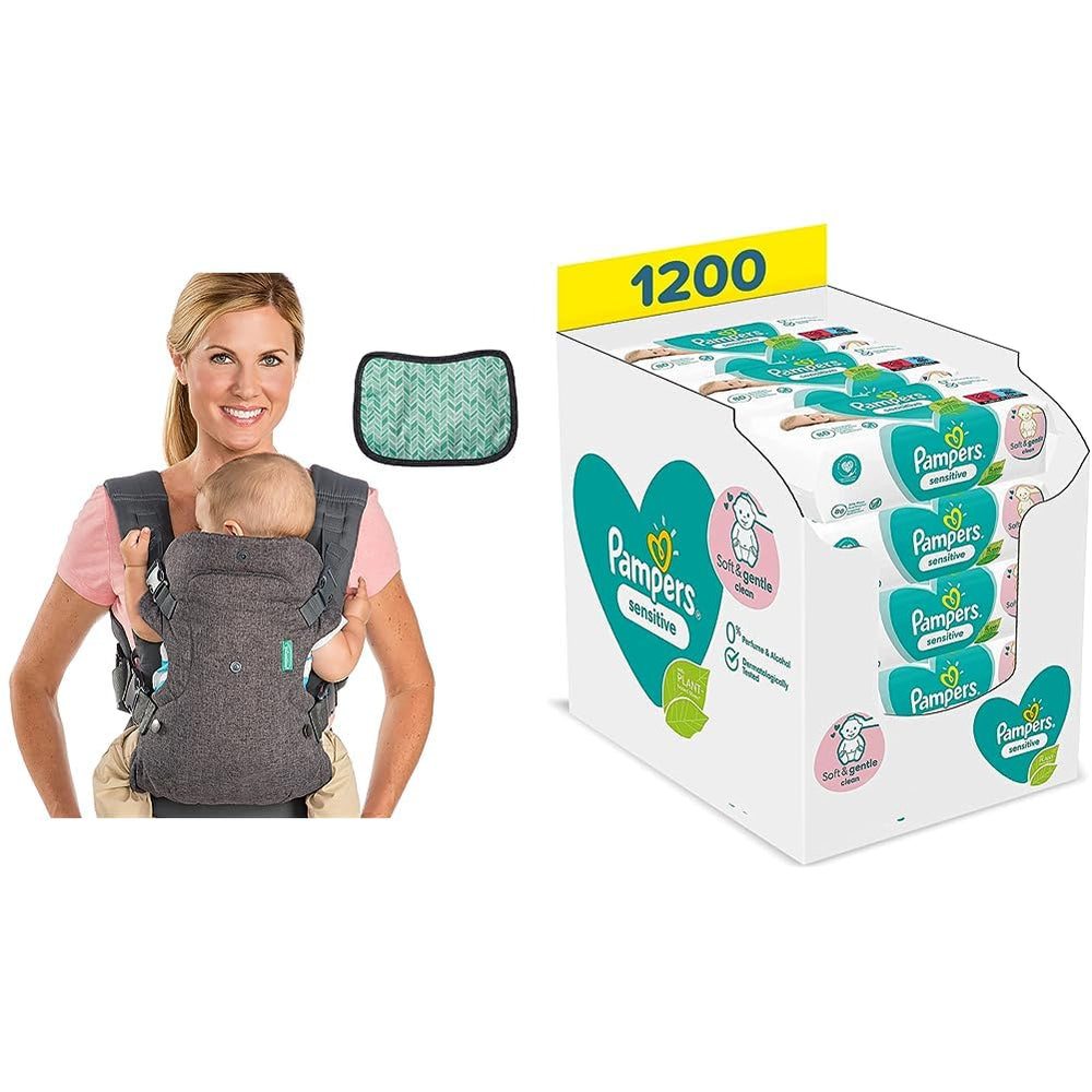 Nosítko Pampers Sensitive Flip Advanced 4 v 1 s bryndákem a ubrousky, 1200 ubrousků (15 x 80) pro citlivou dětskou pokožku, dermatologicky testováno, Essentials pro novorozence