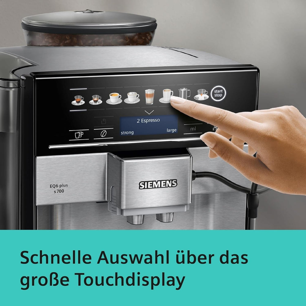 Espressor automat Siemens EQ.6 plus s700 TE657503DE, pentru multe specialități de cafea, spumator de lapte, râșniță ceramică, funcție dublă de cafea, anticalcar, curățare automată cu abur, 1500 W, oțel inoxidabil