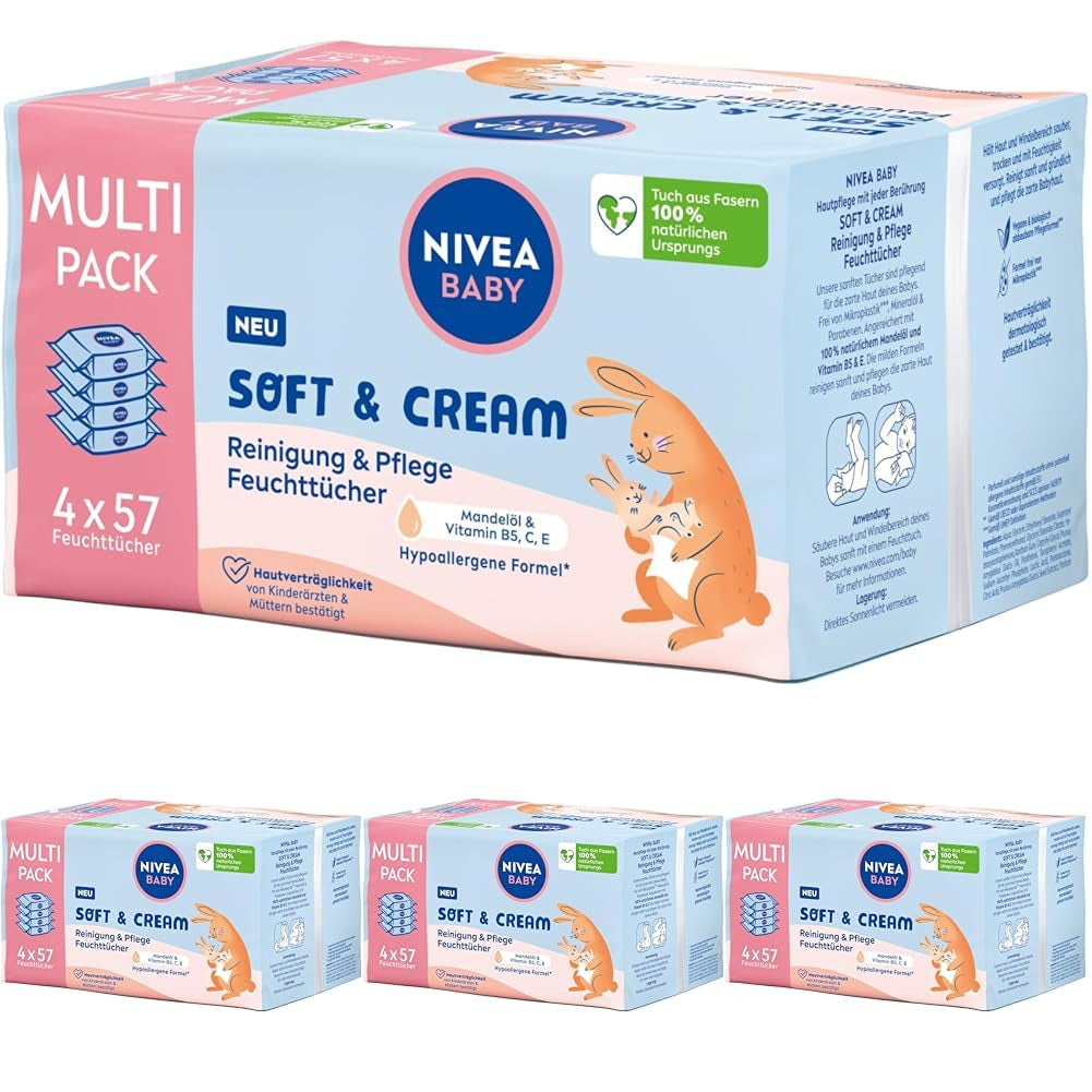 NIVEA BABY Soft & Cream vlhčené ubrousky pro miminka (4 x 57 kusů)
