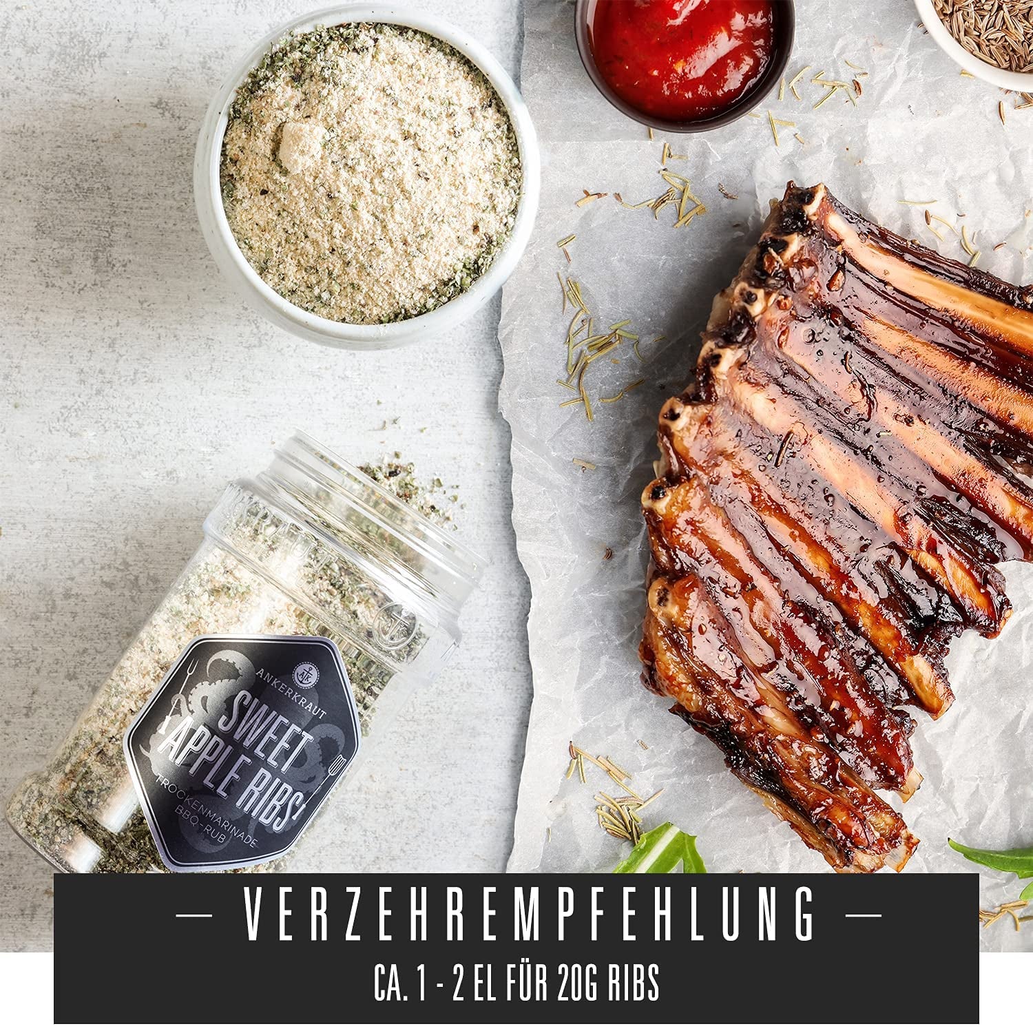 Ankerkraut Sweet Apple Ribs, fruchtige BBQ-Rub Gewürzmischung zum Grillen von Spare-Ribs und Schwein, 240 g im Streuer