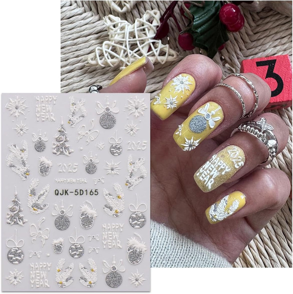 JMEOWIO 3D Nagelsticker Weihnachten Glitzer Nail Art Sticker Selbstklebend Nagelaufkleber 5D Stereoskopisch Schneeflocke Winterurlaub Süß Dekoration Nageldesign Zubehör 4 Blatt