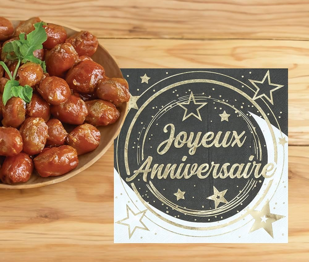 | 20 Șervețele Happy New Year (16X16 Cm) - Decorațiuni de masă pentru petreceri de Revelion - Ideal pentru evenimente și sărbători - Negru și auriu