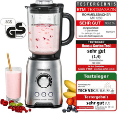 ROMMELSBACHER Standmixer MX 1250-22 000 U/Min, Stufenlose Drehzahlregulierung, Funktionsstasten (Smoothie, Clean/Pulse, Ice Crush), Glaskrug, Edelstahlgehäuse, Spezialmesser, 1200 Watt Kitchen Naty Shop