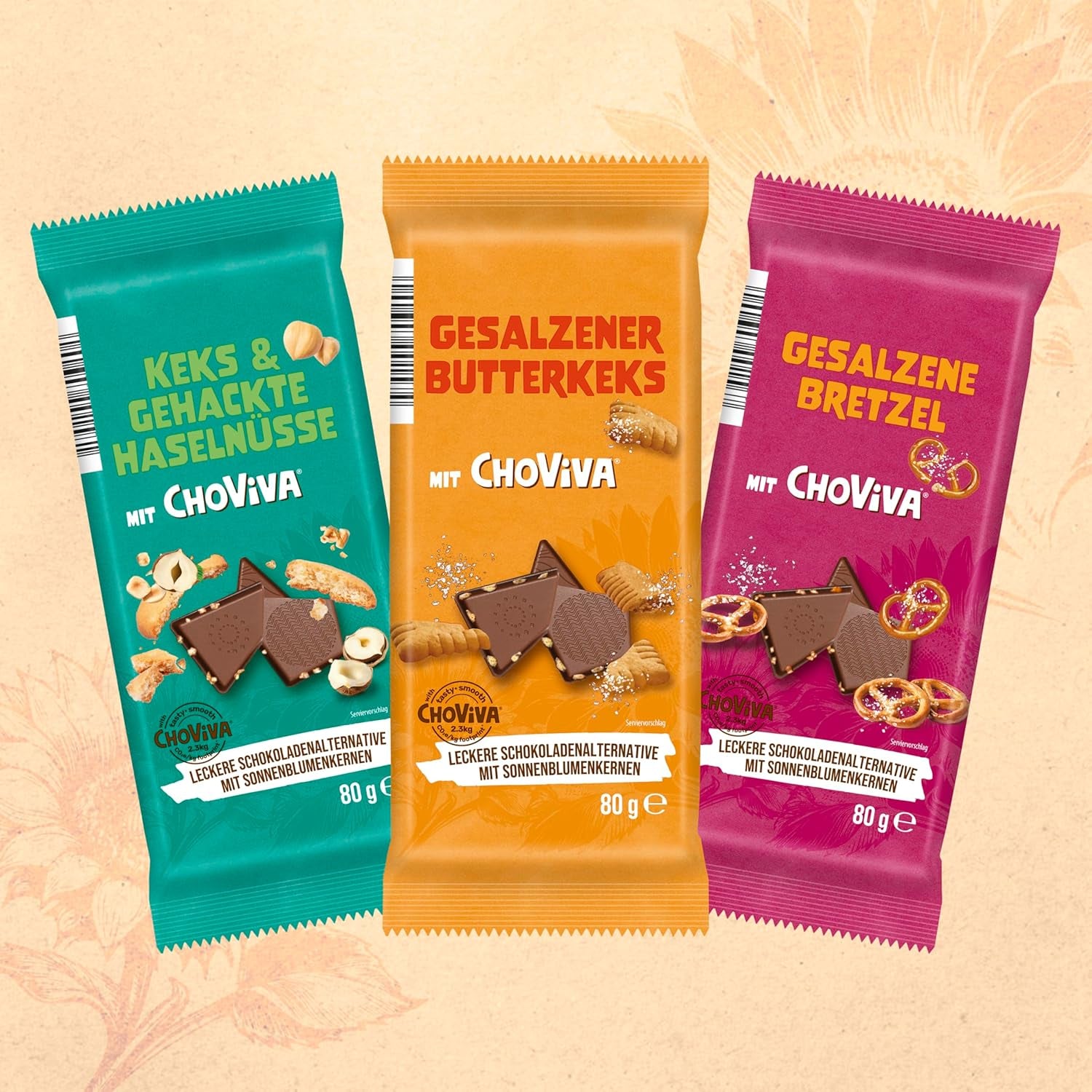 Slané máslové sušenky a ChoViva, 80g tyčinka, vyrobené z alternativní čokolády se slunečnicovými semínky