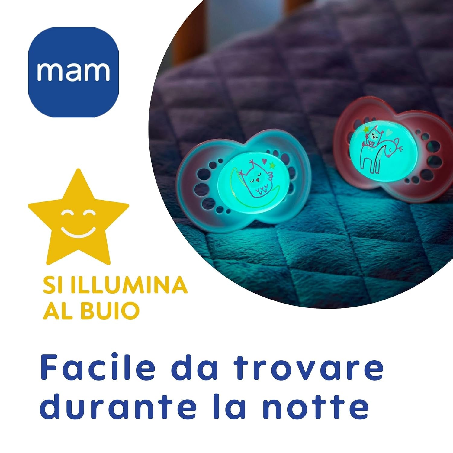 Suzetă MAM 6+ luni (pachet de 2) MAM 6-16 luni, strălucește în întuneric cu tetină de cauciuc, pachet de 2 cu suport sterilizator pentru suzetă, albastru deschis/albastru deschis
