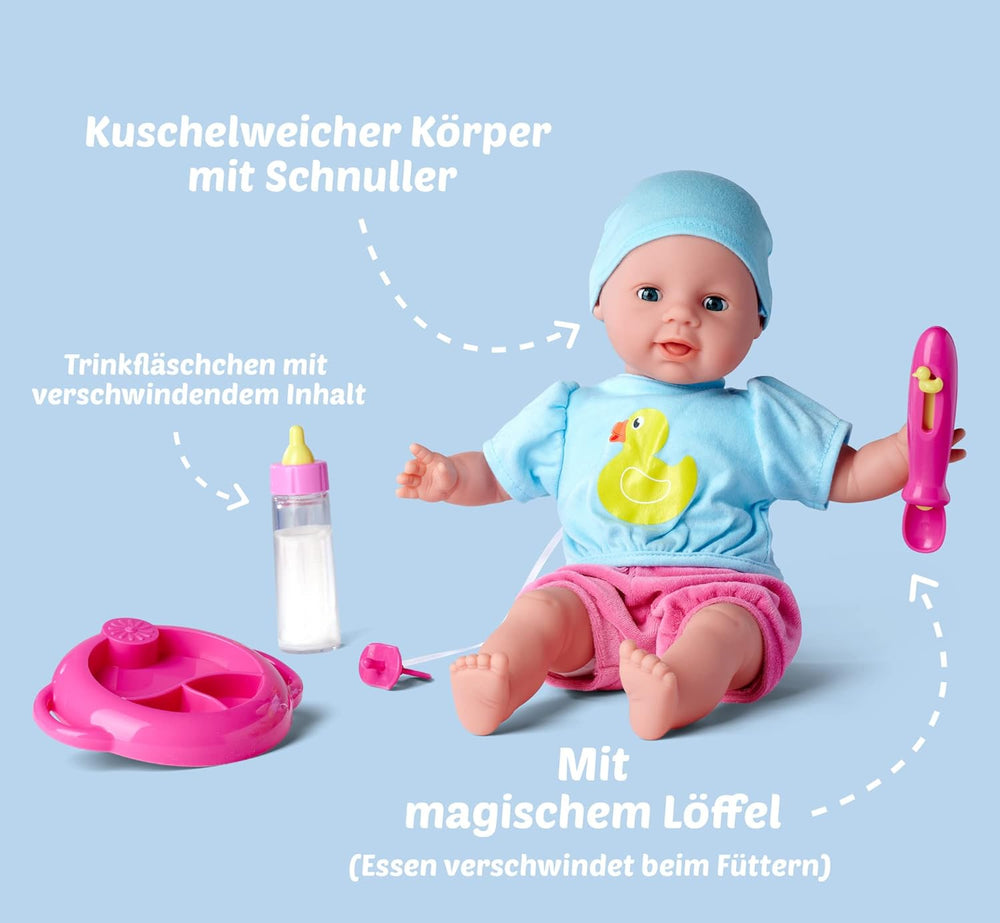 Simba 105010964 - Laura Hungry, păpușă moale cu suzetă, linguriță magică, biberon și farfurie care dispar, 38 cm, păpușă bebeluș pentru copii de la 2 ani