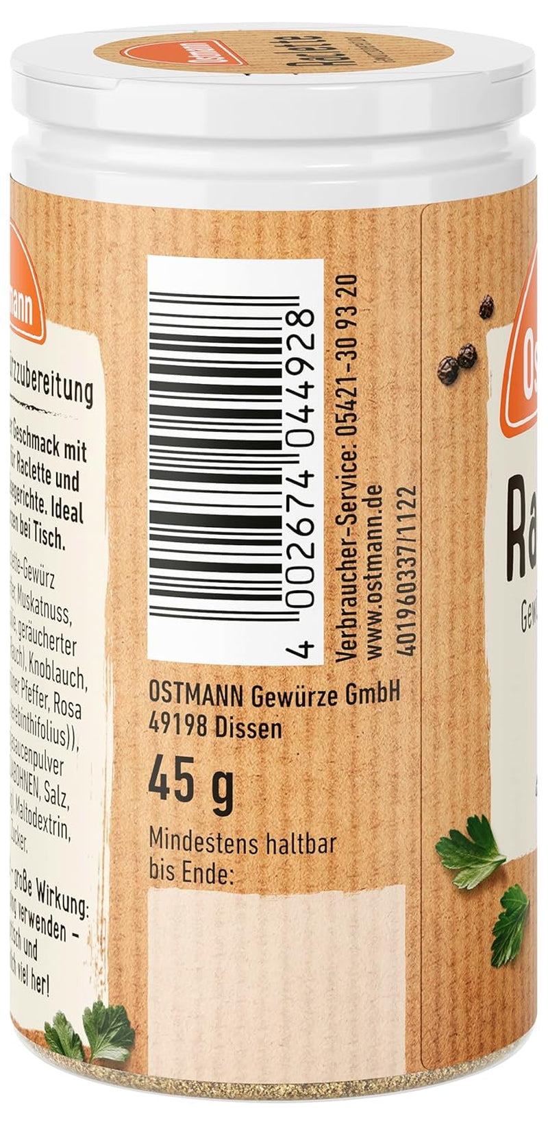 Ostmann Gewürze - Raclette Gewürzzubereitung | Zum Würzen von Käsegerichten | Recyclebare, nachfüllbare Streudose | 45 g ve Streueru