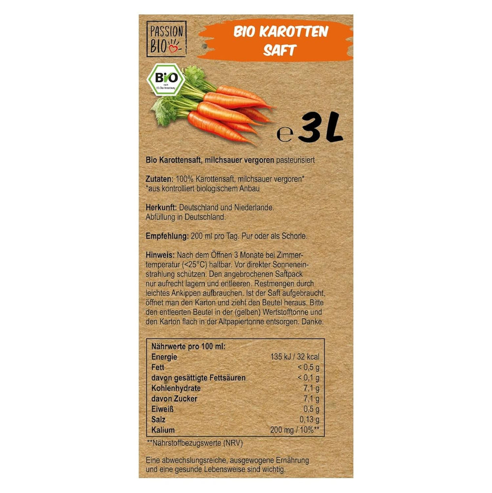 Bio mrkvová šťáva - Vyrobeno z německé a holandské mrkve, 3 litry Nealkoholické nápoje Naty Shop
