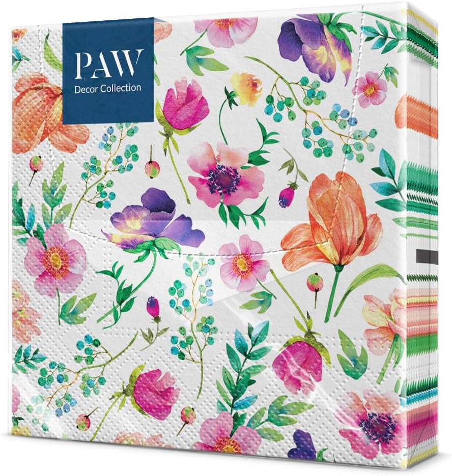 PAW - Șervețele 3 straturi (33 X 33 Cm) I 20 bucăți I Perfect pentru zile de naștere, petreceri, nunți, comuniuni și sărbători I Decorațiuni de masă șervețele de hârtie colorate - Flori colorate Flora I Aranjament floral
