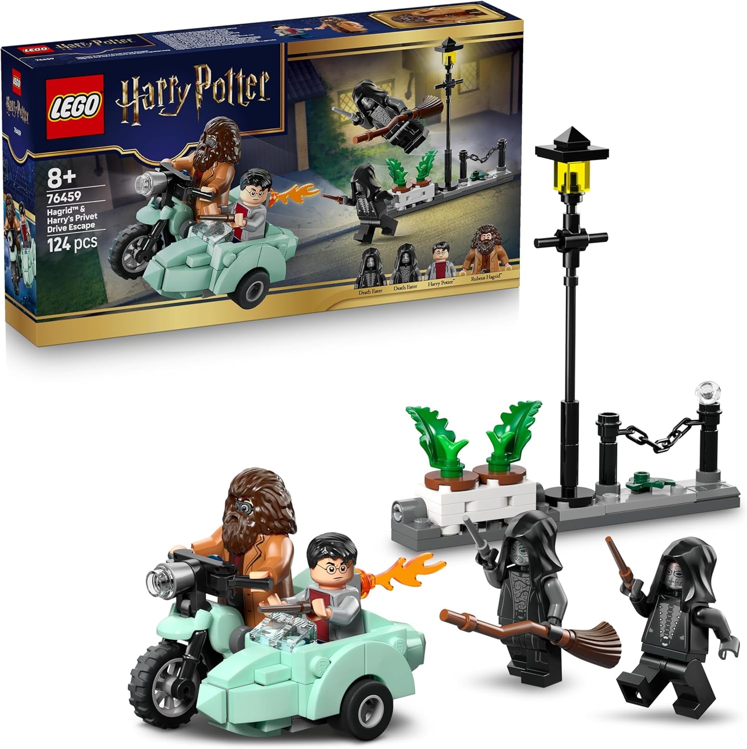 LEGO Harry Potter Hagrids a Harrys Flucht aus dem Ligusterweg - Motorrad Spielzeug mit 4 Minifiguren - 2 Todesser, eine Strassenszene - Geschenk für Mädchen, Jungen und Fans ab 8 Jahren - 76459